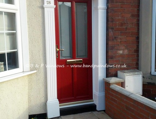 Red engineered door with sandblasted glass