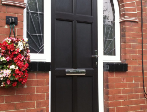 Black Engineered door with arched side/top light